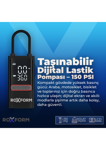 Car Air Pump – 80W Güçlü Taşınabilir Araç Lastik Şişirme Pompası | 4.000 Mah Batarya, 150 Psı