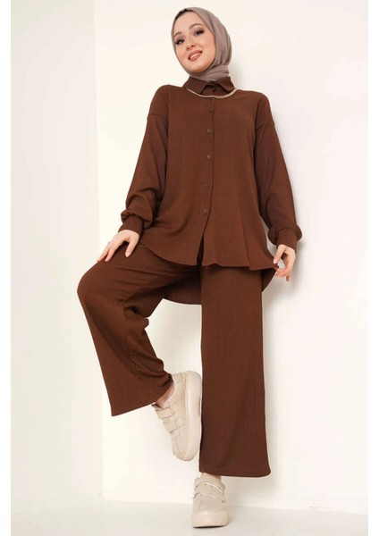 Kadın BDART Oversized Dokulu İki Parça Takım Gömlek Yaka Deve Kahvesi
