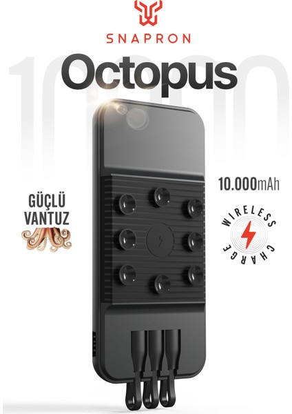 Snap Octopus 10.000 Mah Wireless Şarjlı Standlı Vantuzlu Dahili 3 In 1 Kablolu Kablosuz Hızlı Şarj