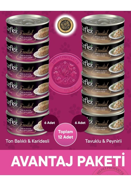 Plus Essential Avantaj Paketi Peynirli Tavuklu ve Ton Balıklı Karidesli Kedi Konservesi – 12X70GR