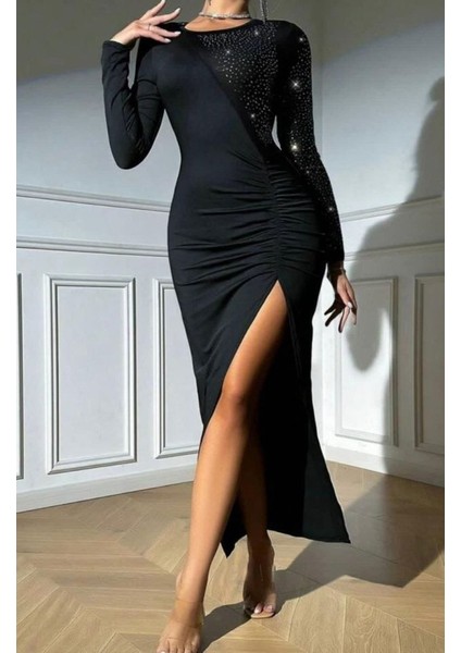 Kadın Krep Dalgıç Kumaş Taş Aksesuarlı Yırtmaç Detaylı Uzun Kollu Elbise indirimleri