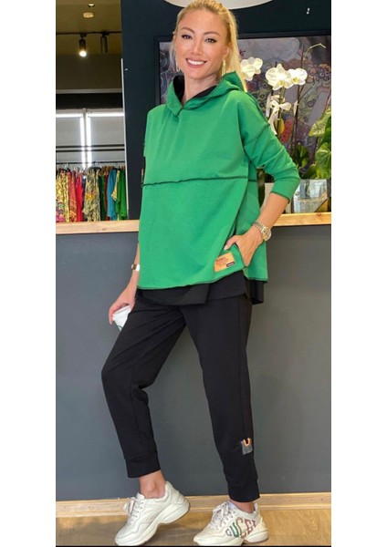 Kadın Yeşil Kapşonlu Etek Ucu Detay Arma Ters Dikiş Gorunumlu Ikili Takım indirimleri