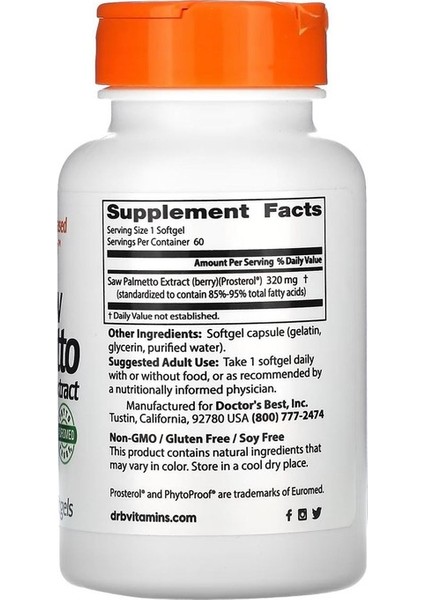 Doctor's Best, Saw Palmetto, Standardized Extract, 320 Mg, 60 Softgels fiyatları