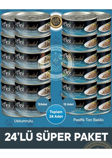 Plus Essential Süper Paket Uskumrulu ve Pasifik Ton Balıklı Kedi Konservesi – 24X70GR