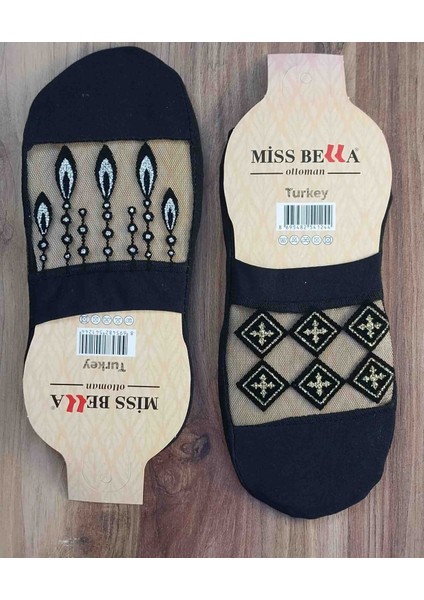✨ 2 Çift Şık ve Rahat Miss Bella Simli Bayan File Desenli Patik Çorap – Özel Tasarım & Konfor ✨