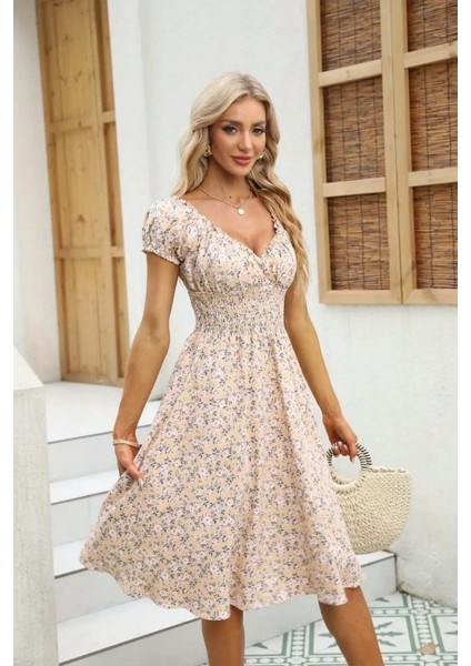 Kadın Kısa Kollu Kruvaze Yaka Lastikli Belden Gipeli Çiçek Desenli Suprem Elbise