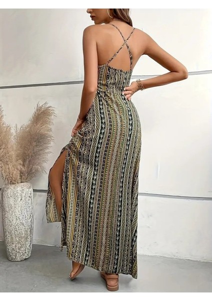 Kadın Ip Askılı Sırttan Çapraz Detaylı Yırtmaçlı Desenli Süprem Elbise fırsatları