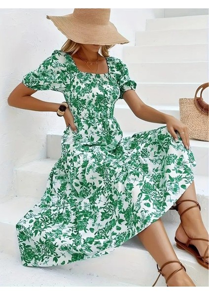 Kadın Kısa Kollu Kare Yakalı Lastikli Desenli Süprem Elbise