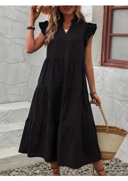 Kadın Kısa Kollu V Yakalı Geniş Kesim Uzun Trikoton Elbise modelleri