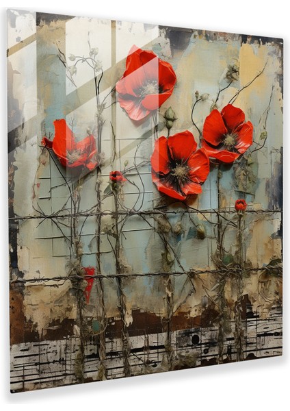 Dayanıklı Çiçek Cam Tablo - I. Dünya Savaşı Gelincik Çiçekleri Telle Çevrili - Ev Duvar Dekoru Cam Sanatı