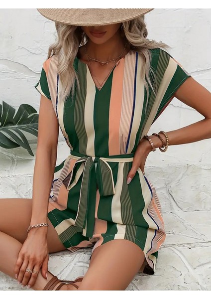 Kadın Kısa Kollu V Yakalı Beli Kuşaklı Keten Tulum modelleri