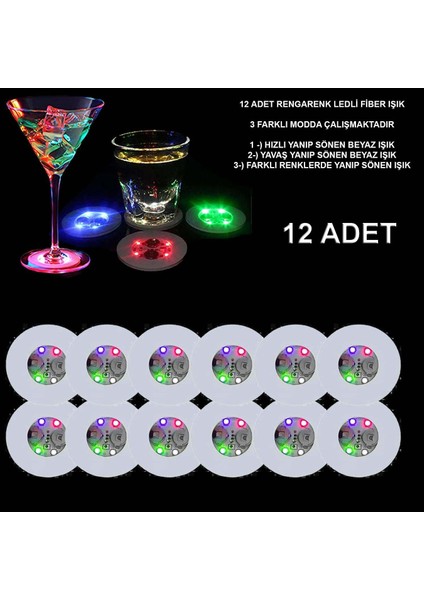 Renkli LED Işıklı Bardak Altlığı - Dekoratif (12 Adet, Pilli) (3791)