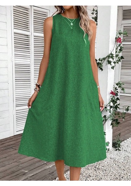 Kadın Kolsuz Bisiklet Yaka Cepli Midi Keten Elbise fiyatları