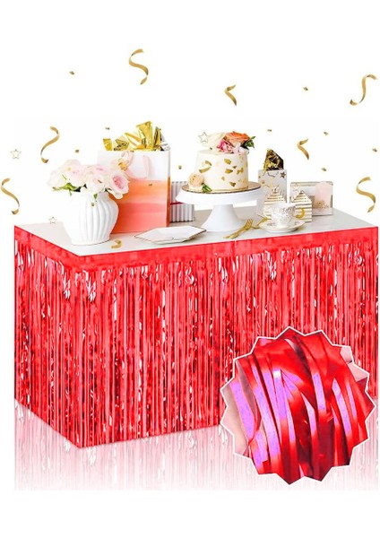 Kendinden Yapışkanlı Kırmızı Metalize Püsküllü Masa Eteği – 75 x 275 cm Parti Süslemesi (3791)