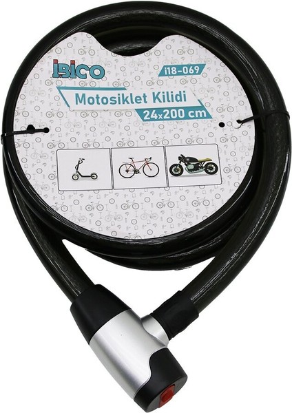 Anahtarlı Metal Kaplama Kafaçek-It Kilit Kapakmotor - Bisiklet Kilit Çelik Telsiyah Şeffaf KILIF24MMX200CM (3791)