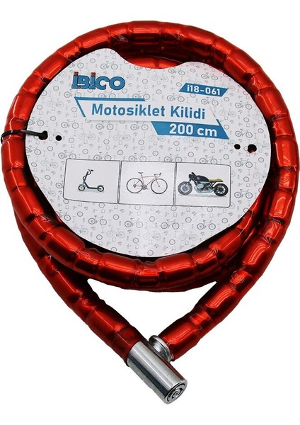 Tüp Anahtarlı Metal Kafa Çelik Motor - Bisiklet Kilit Silindirik Spiral Kilit Kırmızı KILIF22MM x 200CM (3791)