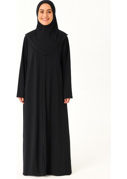 Kendinden Örtülü Fermuarlı Namaz Elbisesi – Siyah