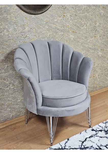 Tekli Istiridye Krom Kaplama Telli Ayak Çay Seti Koltuk Tekli Berjer , Balkon, Salon, Ofis Gri Renk 47 x 47 Boyut/ebat