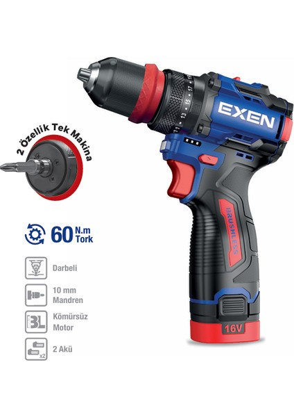 En 162 Ds 16 V. 2 Ah. 60 Nm. Kömürsüz Darbeli Şarjlı Matkap