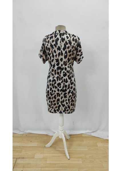 Kadın Kısa Kollu Yakalı Leopar Desenli Süprem Elbise
