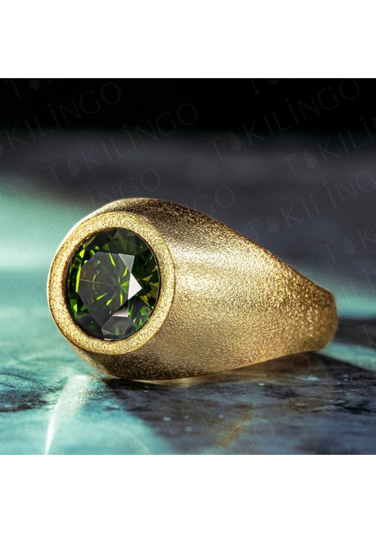 925 Ayar Gümüş Altın Kaplama Yuvarlak Peridor Olivin Taşlı Sade Erkek Yüzük