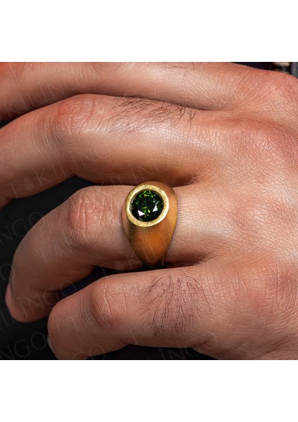 925 Ayar Gümüş Altın Kaplama Yuvarlak Peridor Olivin Taşlı Sade Erkek Yüzük modelleri