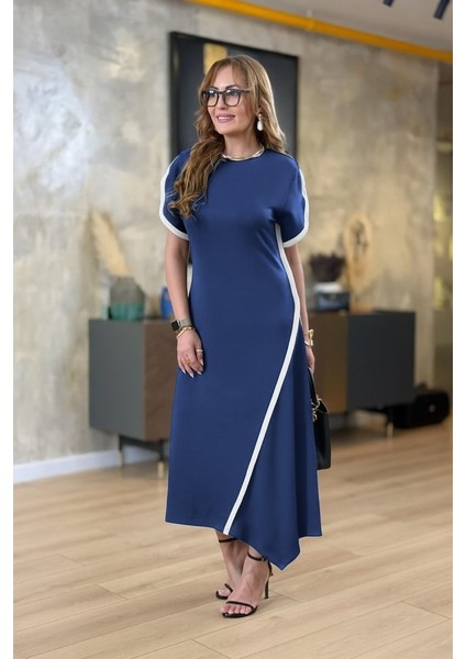 Kadın Kısa Kollu Bisiklet Yaka Çift Şerit Renk Detaylı Asimetrik Kesim Viskon Iki Iplik Elbise modelleri