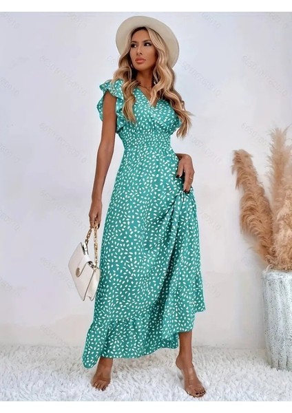 Kadın Kısa Kollu Kruvaze Yaka Beli Lastikli Çiçek Desenli Elbise fırsatları