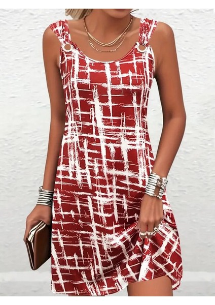 Kadın Askılı Kuş Gözü Detaylı Desenli Süprem Elbise