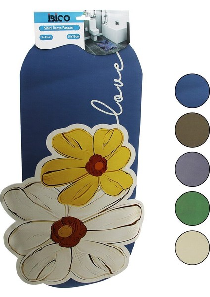 Çiçek Figürlü - Renkli 45X75CM Su Emici - Sihirli Banyo Paspası Elastik (3791)