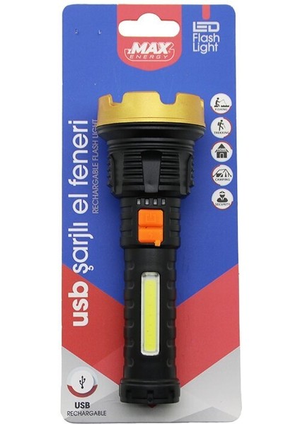KÜÇÜK=15CM 2in1= Osl LED - Cob LED USB Şarjlı El Feneri 3-Kademe Işık - Flaşör Şarj Gösterge (3791)
