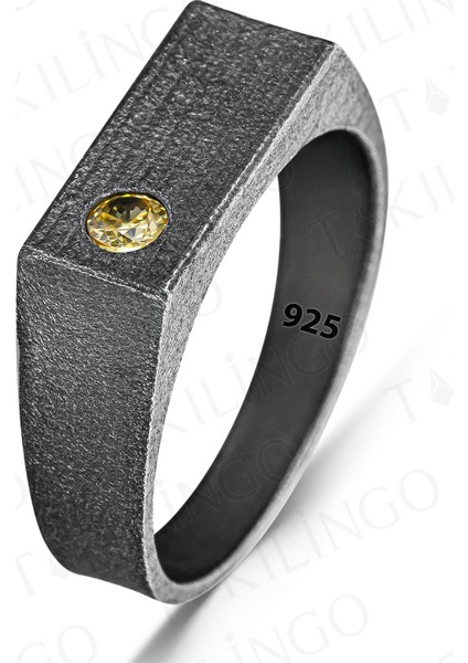 MH-286 925 Ayar Gümüş Oksitli Pırlanta Montür Sarı Sitrin Taşlı Erkek Yüzük fiyatları