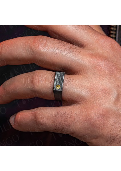 MH-286 925 Ayar Gümüş Oksitli Pırlanta Montür Sarı Sitrin Taşlı Erkek Yüzük modelleri