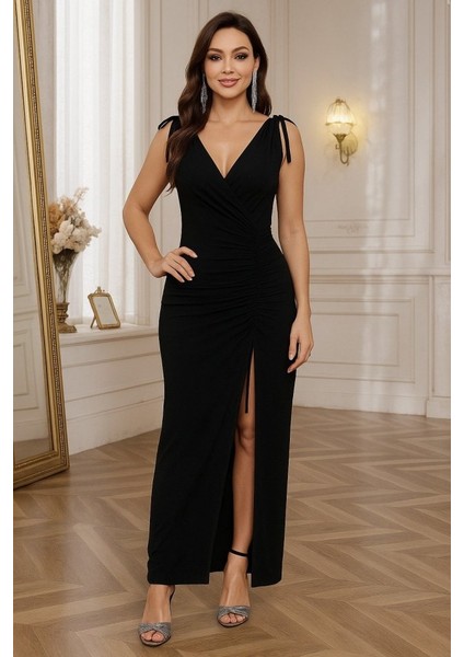 Kadın Sıfır Kollu V Yakalı Yırtmaç Detaylı Beli Büzgülü Omuzdan Bağcıklı Sandy Maxi Elbise