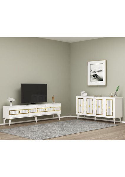 Norra Tv Sehpası (Alt Modül) ve Konsol 2'li Salon Takımı Beyaz-Altın