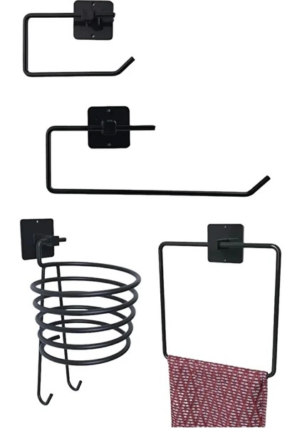 Yapışkanlı Tuvalet Kağıdı+Kağıt Havlu+Kare Havlu+ Fön Makinesi Tutucu 4'lü Set