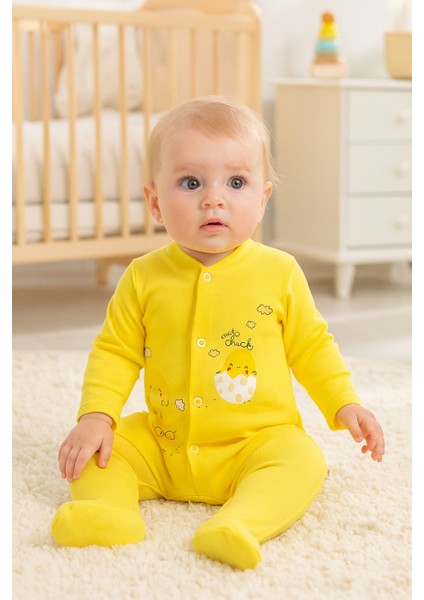 Kız Bebek Çıtçıtlı Civciv Baskılı Pamuklu Tulum