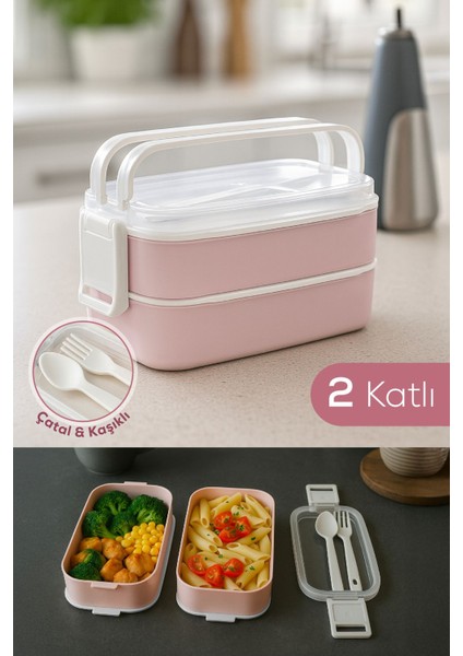 Iki Katlı Saklama Kabı ve Öğün Kabı – Çatal Kaşık Dahil Pembe
