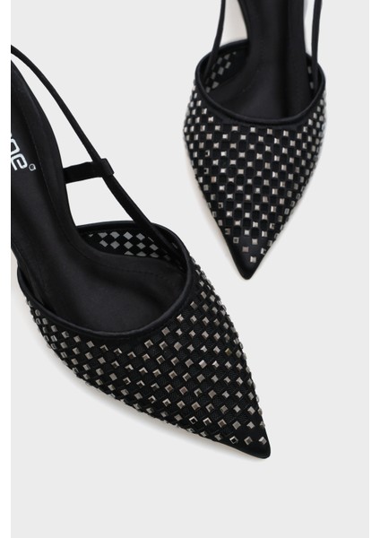 Olga Saten Taşlı Orta Topuklu Sivri Burunlu Arkası Açık Kadın Ayakkabı