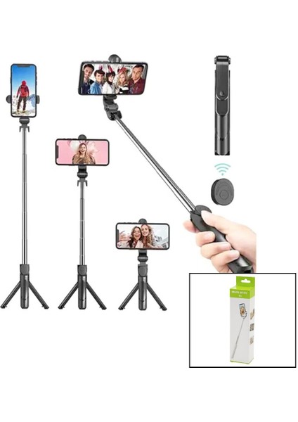 Siyah Selfi Çubuk - Tripod Ayaklı 57CM Uzayan-Kısalan Saplı + 10CM =67CM (3791)