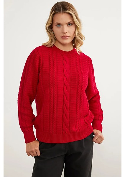 Saç Örgü Sıfır Yaka Triko Kazak - Kırmızı