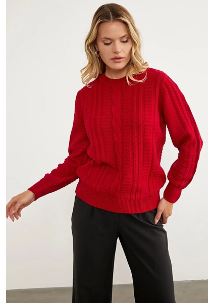 Saç Örgü Sıfır Yaka Triko Kazak - Kırmızı fiyatları