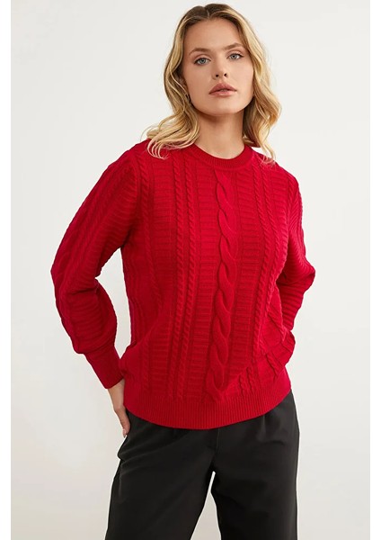 Saç Örgü Sıfır Yaka Triko Kazak - Kırmızı modelleri