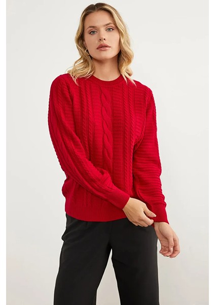 Saç Örgü Sıfır Yaka Triko Kazak - Kırmızı fırsatları