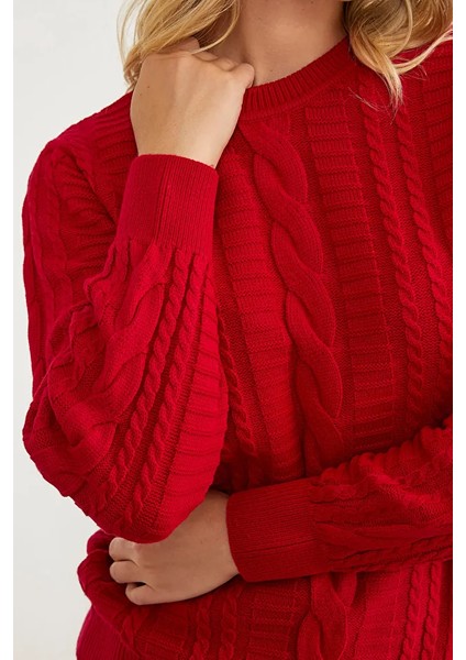 Saç Örgü Sıfır Yaka Triko Kazak - Kırmızı indirimleri