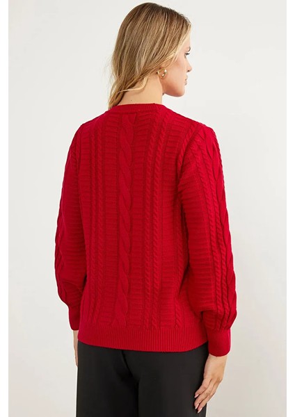 Saç Örgü Sıfır Yaka Triko Kazak - Kırmızı