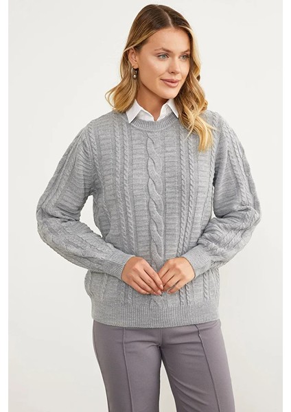 Saç Örgü Sıfır Yaka Triko Kazak - Gri fiyatları