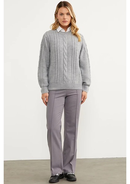 Saç Örgü Sıfır Yaka Triko Kazak - Gri modelleri