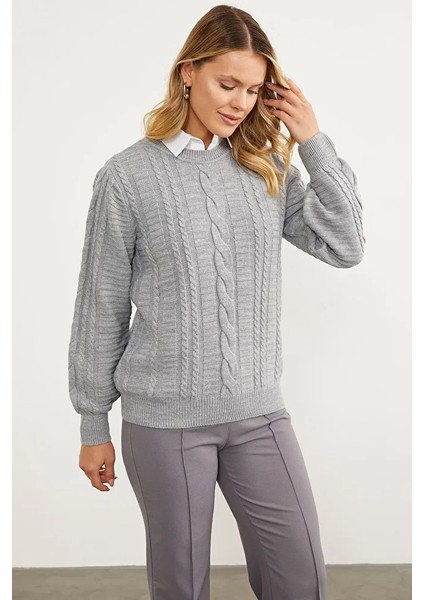 Saç Örgü Sıfır Yaka Triko Kazak - Gri fırsatları