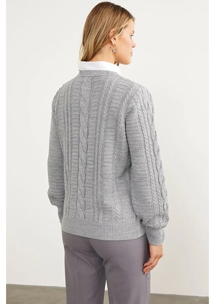 Saç Örgü Sıfır Yaka Triko Kazak - Gri indirimleri